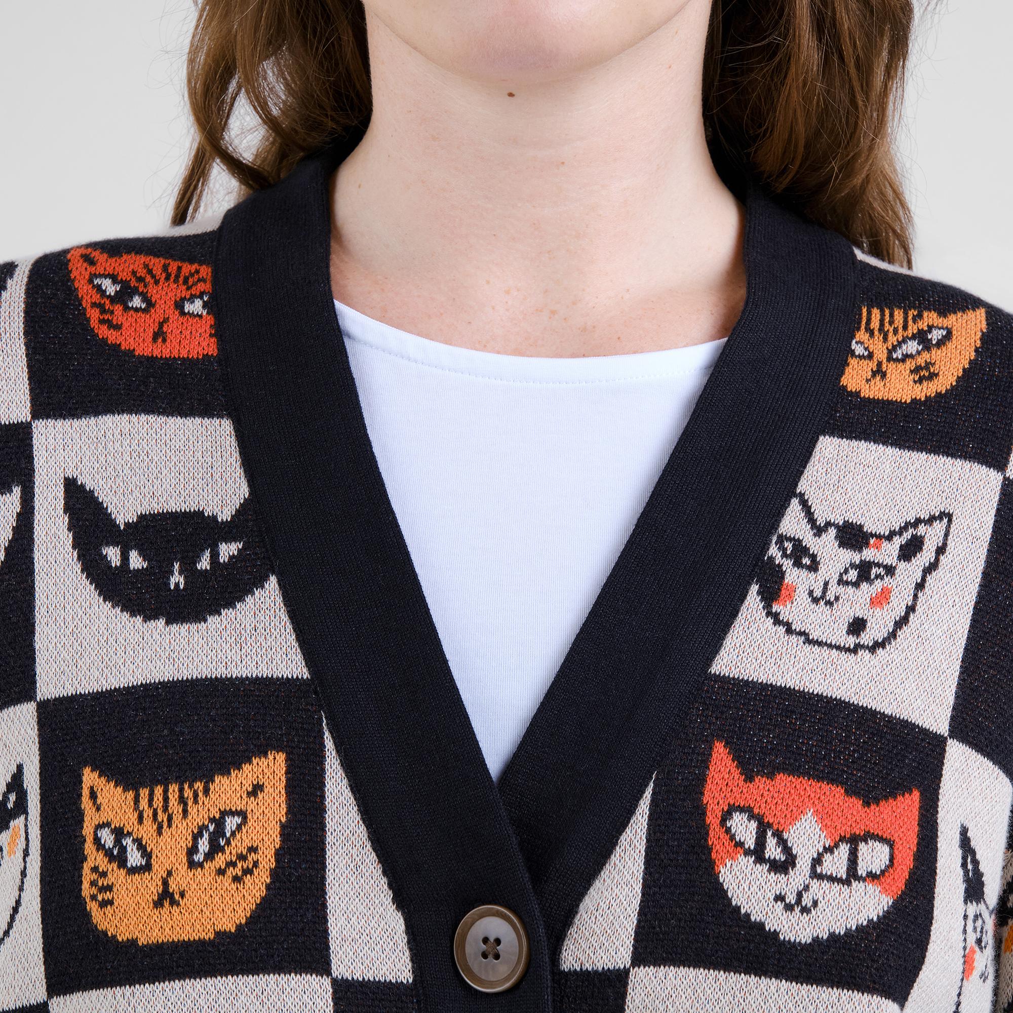 Dedicated Kanan Cat Bingo Cardigan Strickjacke Bio Baumwolle weiß schwarz